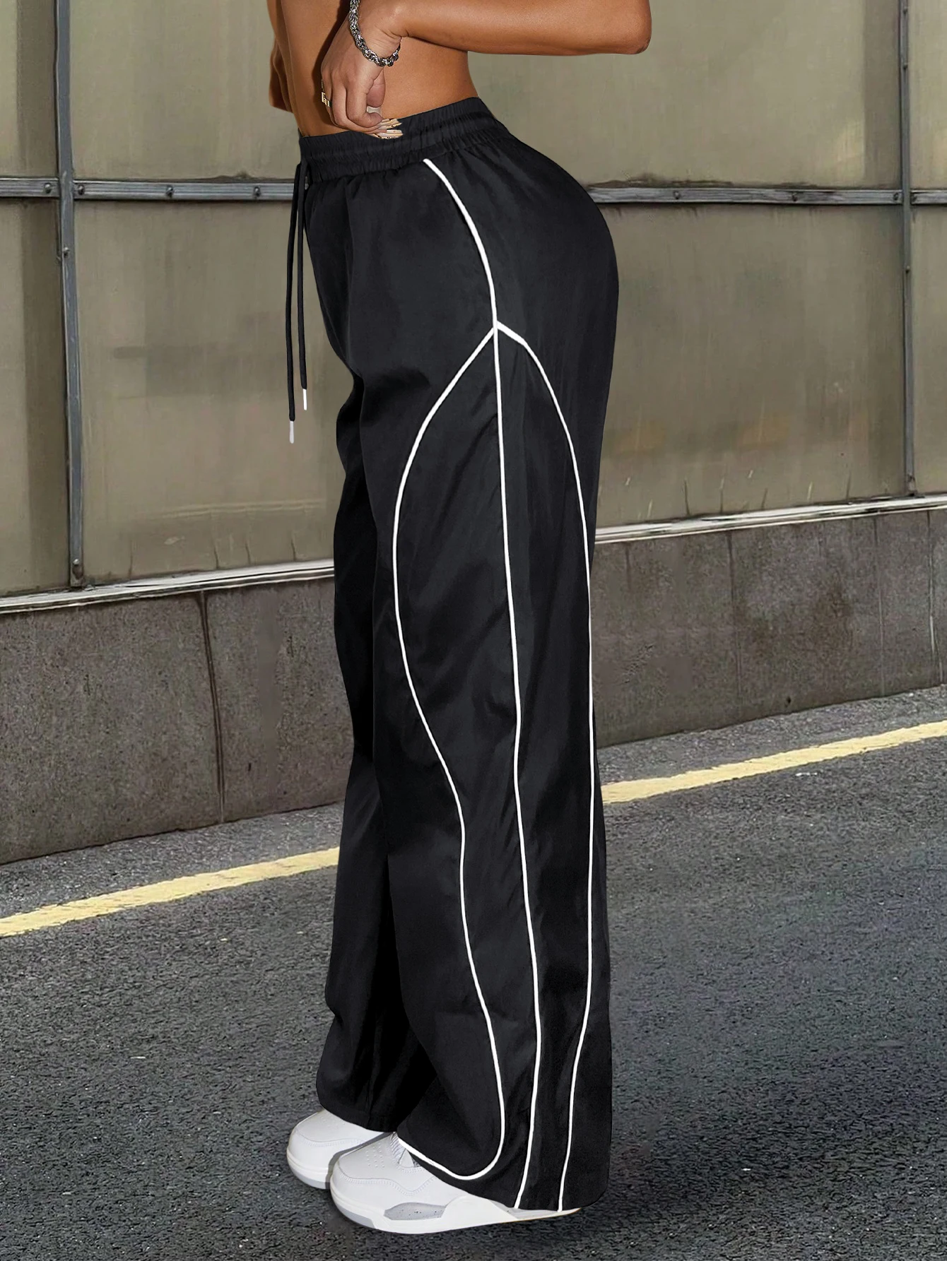 Y2K Casual Gestreepte Contrasterende Elastische Taille Werkkleding Parachutebroek Dames Mid-Rise Trekkoord Wijde Pijpen Loose Fit Cargo Broek