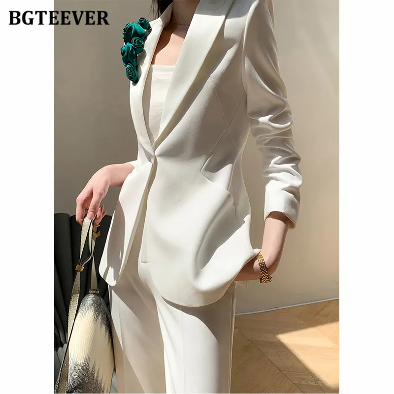 BGTEEVER Elegant Loose Women Trousers Suits Single Button Suit Jackets & Wide Leg Pants Ladies 2 Pieces Blazer Set