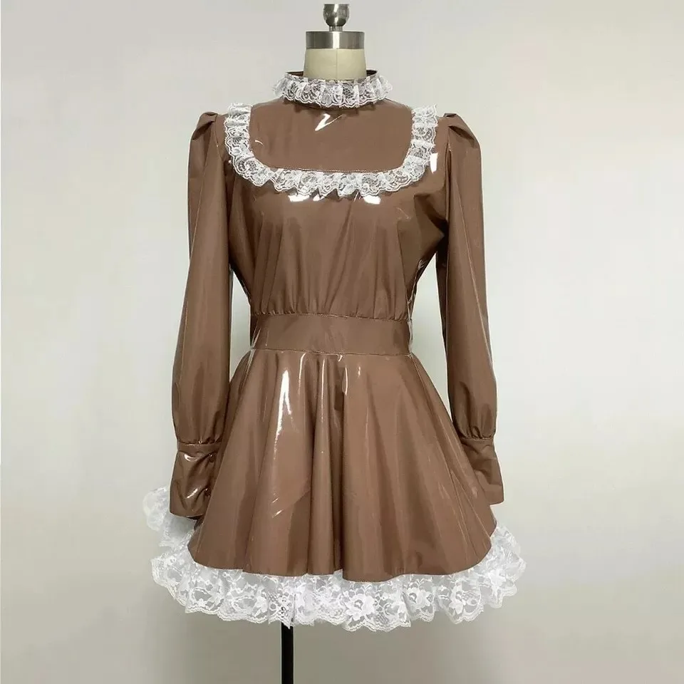 

Sexy sissy French maid brown PVC lockable lace ruffle dress maid cosplay costume customizable