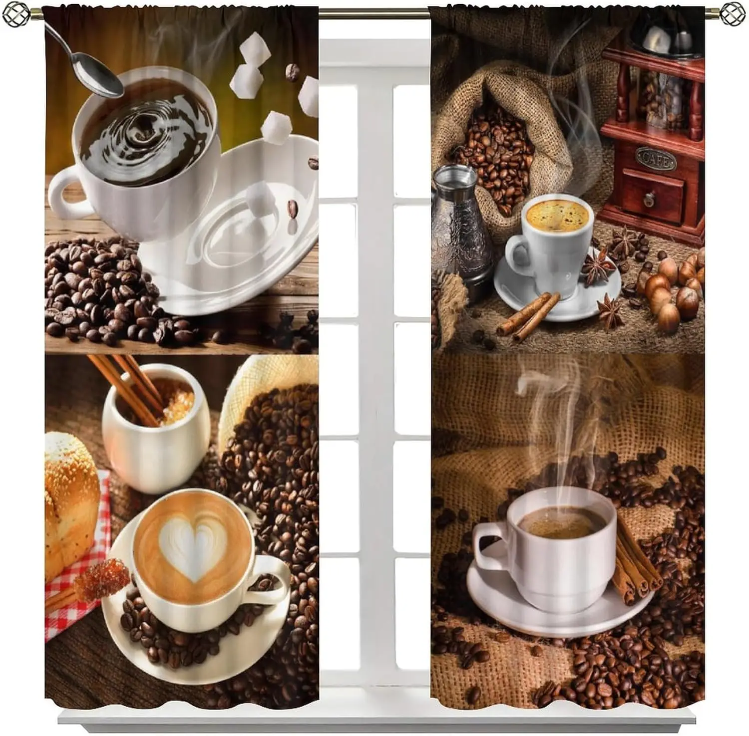 Burlap Coffee Still Life Curtain Panels, Fresh Roasted Beans Latte Cup Vintage Wooden Surface Drapes for Coffee Bar Decor