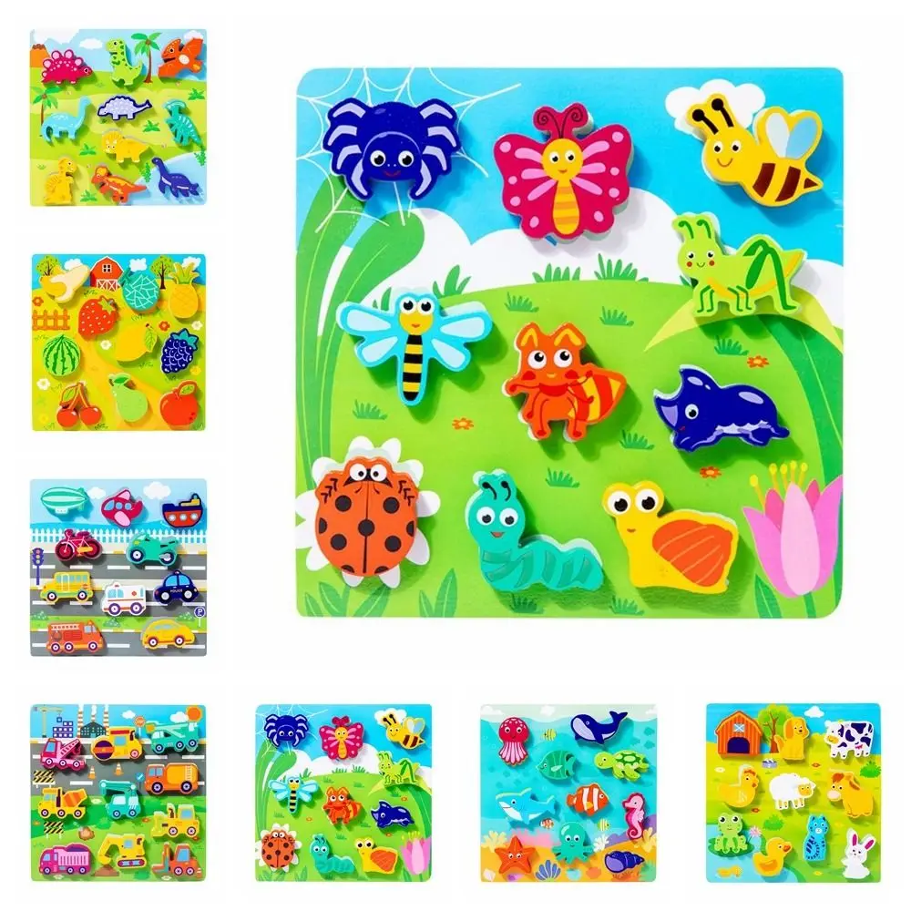 3D Puzzles Children Cognitive Puzzle Toy Jigsaw Shape Matching Puzzle Game Fruits Cartoon Animals Montessori Wooden Puzzle Toy