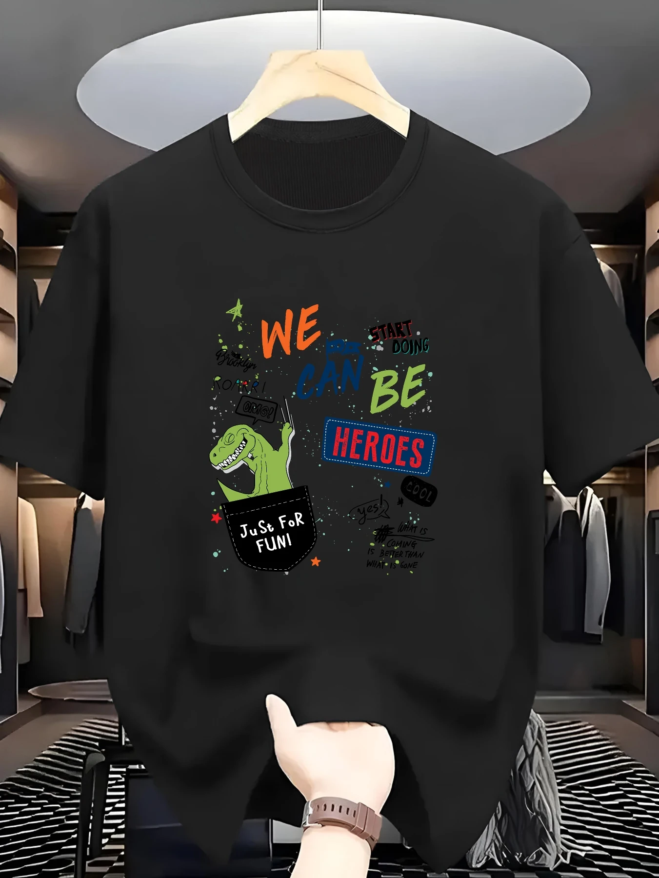 Stylish Men's Short-Sleeve T-Shirt — Cartoon Dinosaur Pattern, Comfortable, Casual, and Loose-Fit