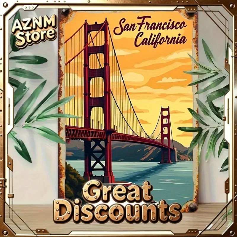 , Vintage San Francisco California Iron Sign, Retro Wall Art with Iconic Golden Gate Bridge Scene, Rustic Decorative Plaque f