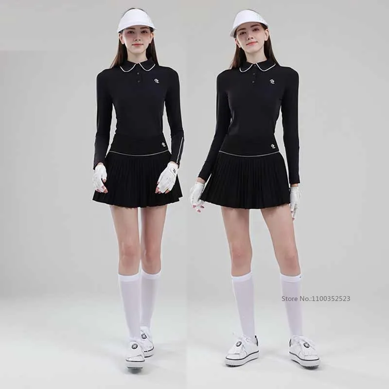 PL Autumn Spring Golf Apparel Woman Long Sleeve Slim Top Solid Polo Lapel T-shirt Ladies High-waist Pleated Golf Skirt