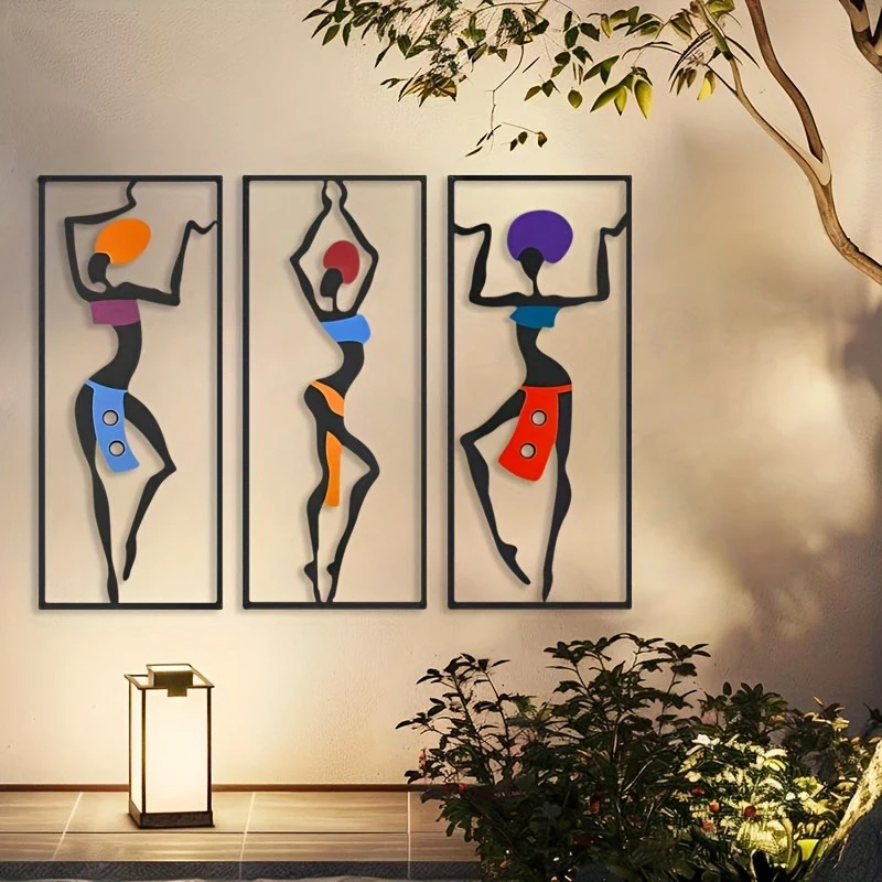 3pcs Metal Modern African Woman Wall Art Sculpture - Abstract Ethnic Dance Statues, Iron Wall-Mountable Indoor/Outdoor Decor