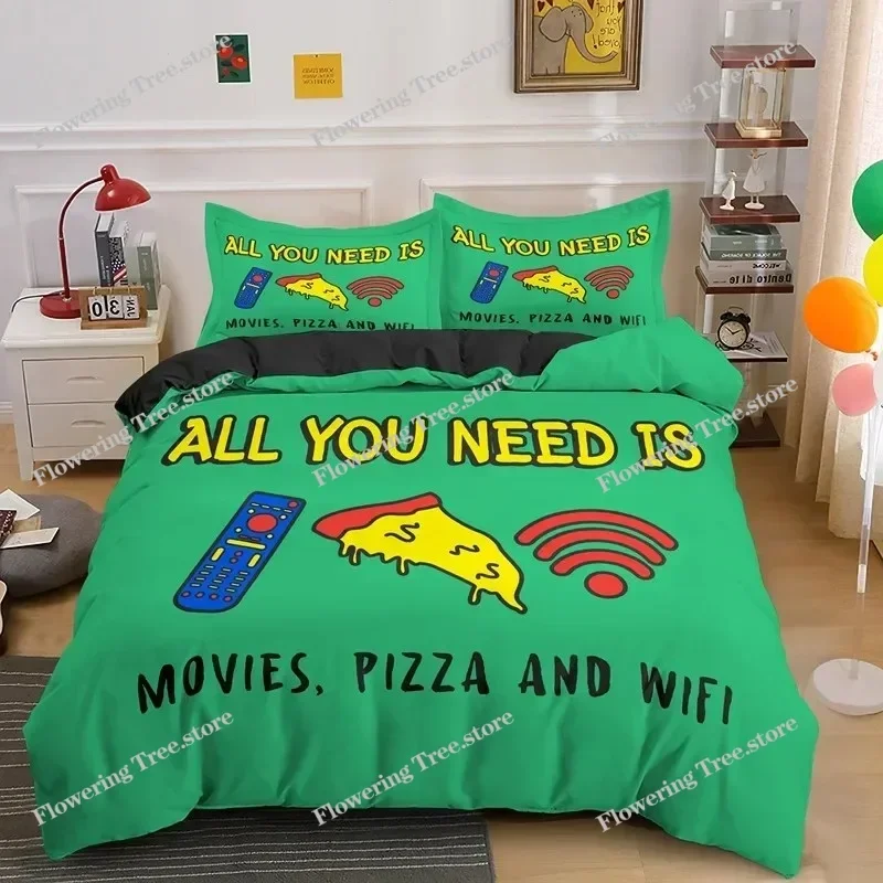 Game Pizza King Queen Duvet Cover Cartoon Gamepad Skateboard Bedding Set Youth Cool Headphone Wifi Polyester Quilt Cover