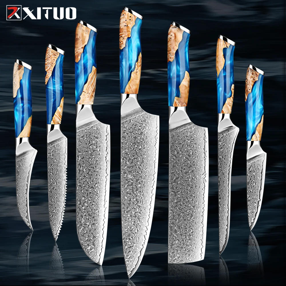 XITUO Damascus Kitchen Knife Set HighQuality 1-7PC Japanese VG10 Steel Chef Knife Cleaver Santoku Boning Fruit Knife Blue Resin