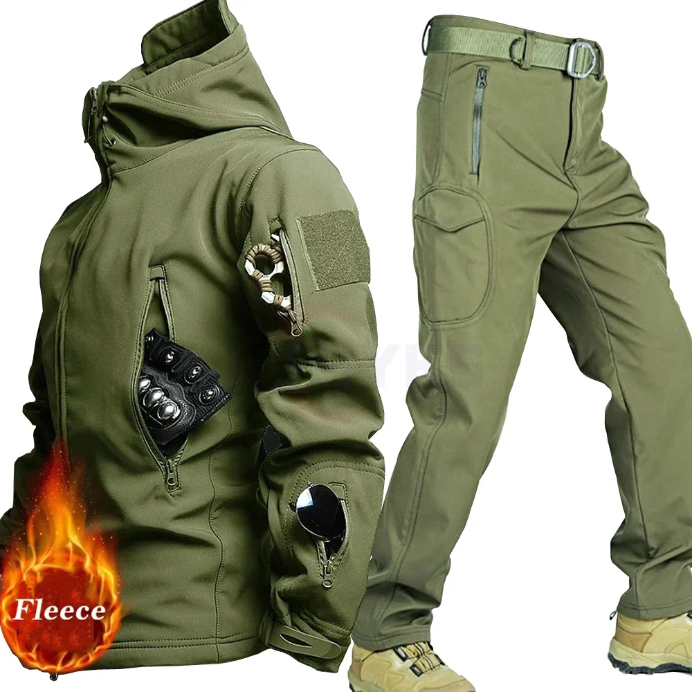 Sharkskin Sets Men Winter Work Pants 2 Pcs Set Outdoor Waterproof Tactical Suit Camo Mutli Pocket Combat Jacket Fishing