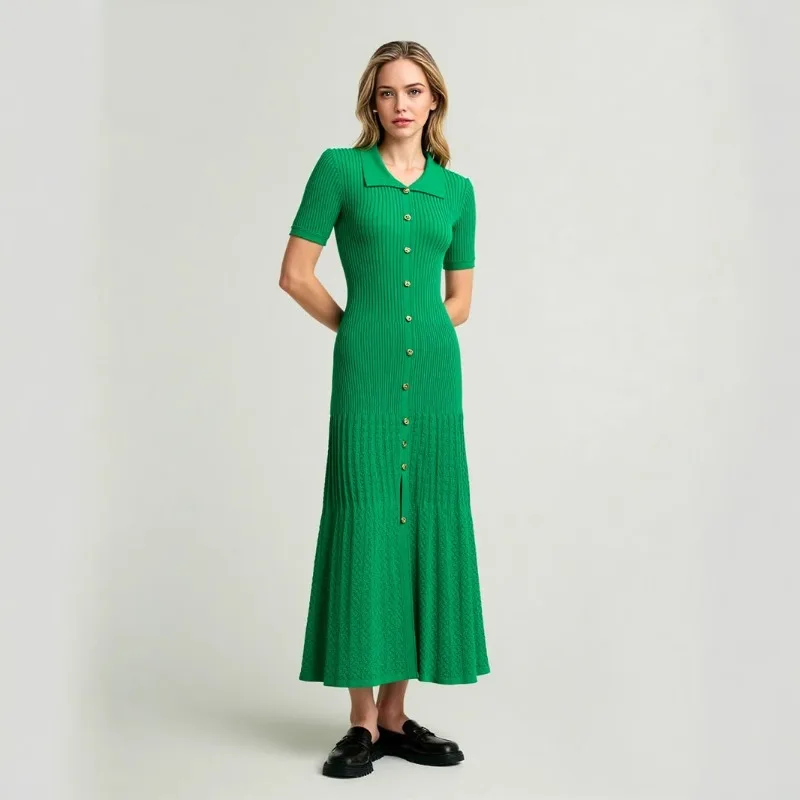 

Summer New Short Sleeve Knit Dress Women Office Business Slim Fit Elegant Lapel Long Dress