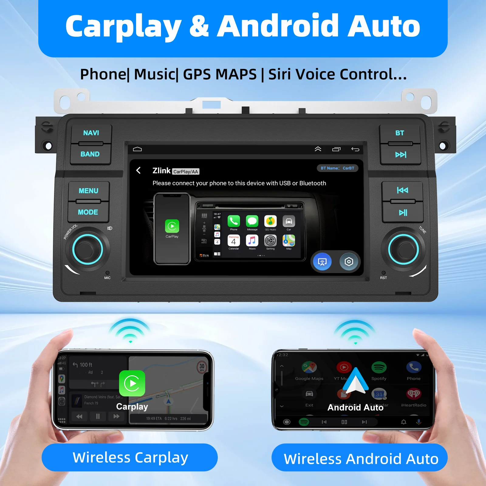 ESSGOO Drahtloses Apple Carplay Android Auto Autoradio für BMW E46 M3 318/320/325/330/335 Rover 75 Coupe Android 15 64 GB 2Din GPS – Detail 7