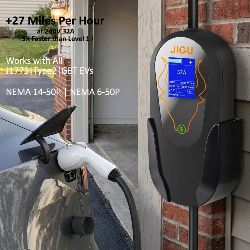 

JIGU Portable 32A EV Charger Level 2, 240V NEMA 14-50 to J1772, 6-50P 27 Miles Per Hour, 7kW UL Listed for Home or Travel