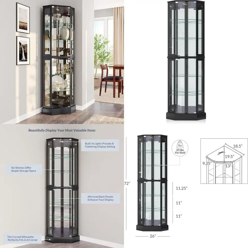 

Трехсторонняя стеклянная витрина с подсветкой, дверцами из закаленного стекла и полками, изогнутый деревянный угловой шкаф с лампочкой