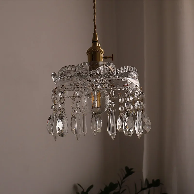 French Retro Brass Crown Crystal Glass Chandelier Simple Bedroom Bedside Dining Room Bar Porch Aisle Hanging Wire Lamp