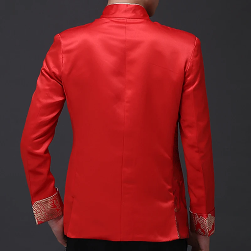 Traditional Chinese Style Men Red Wedding Coat Stand Collar Satin Tunic Suit Jacket Golden Dragon Jacquard Bridegroom Coat