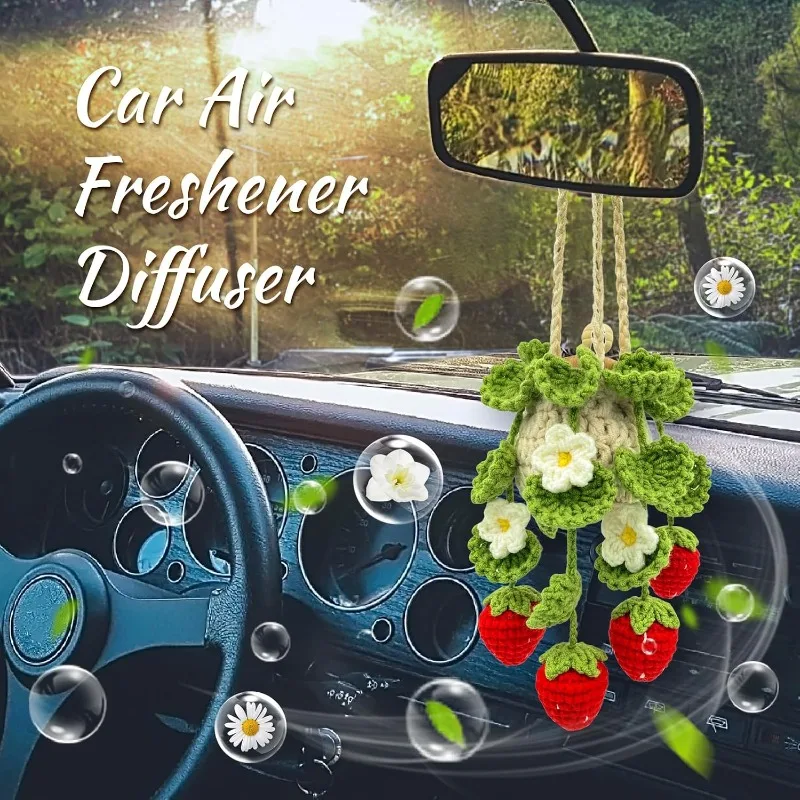 Crochet Car Air Freshener,15ml Diffuser Bottle with Plant, Car Rearview Mirror Decor, Boho Home Office Ornament(Multiple styles)