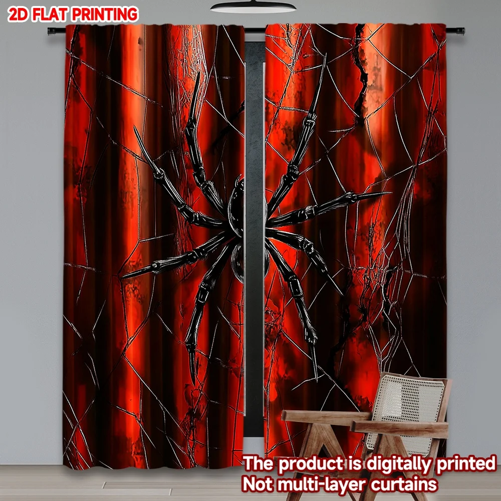 قطعتان من ستائر شبكة العنكبوت بطباعة رقمية مسطحة ثنائية الأبعاد، نسيج العنكبوت الأحمر والأسود الجريء مع نمط العنكبوت القوطي لديكور غرفة موضوع الرعب #4
