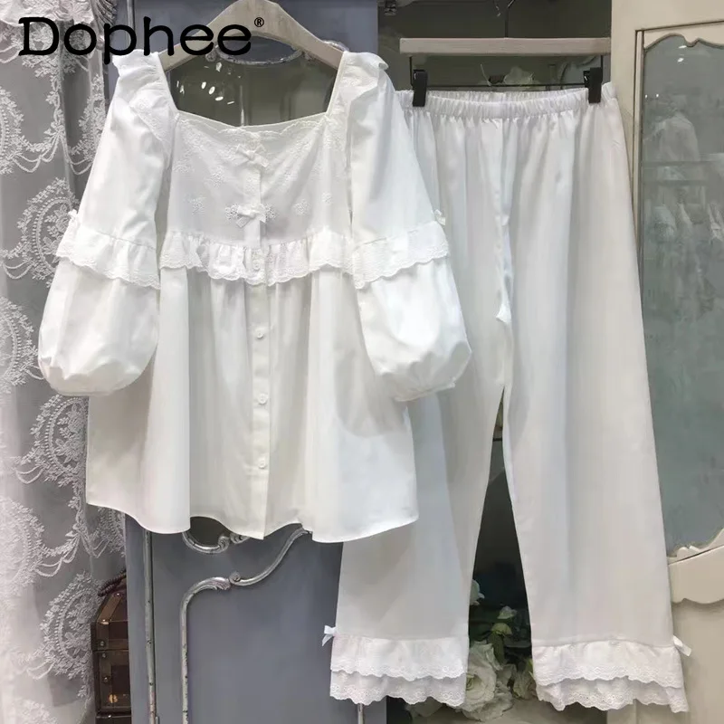 

Корейская летняя тонкая ночная рубашка из чистого хлопка, милая, милая, в стиле принцессы, женская повседневная удобная свободная домашняя одежда, комплект