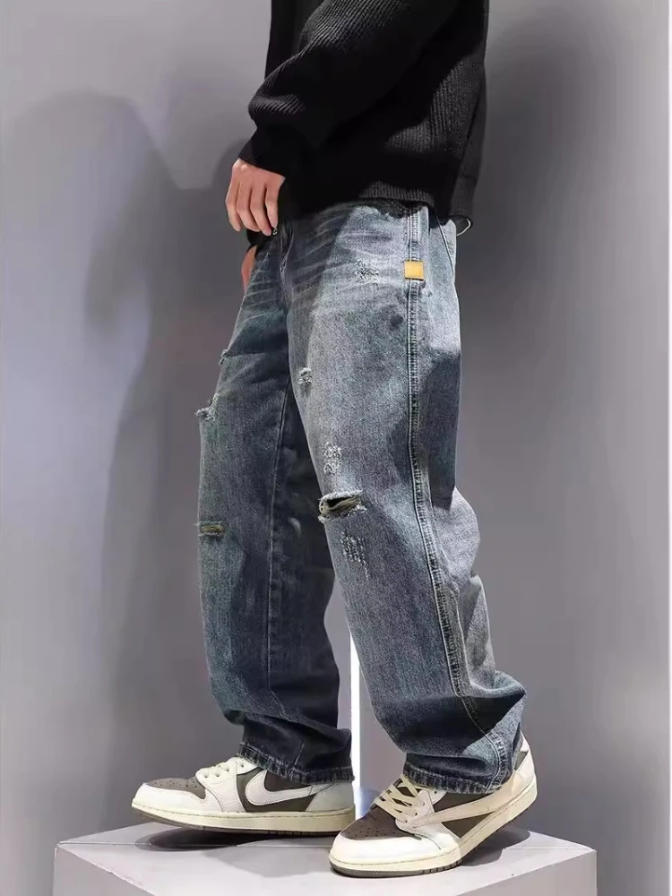 New Men's Ripped Jeans Baggy Straight Fashion Vintage Blue Denim Pants Personality Streetwear Hip Hop High Quality Male Trousers