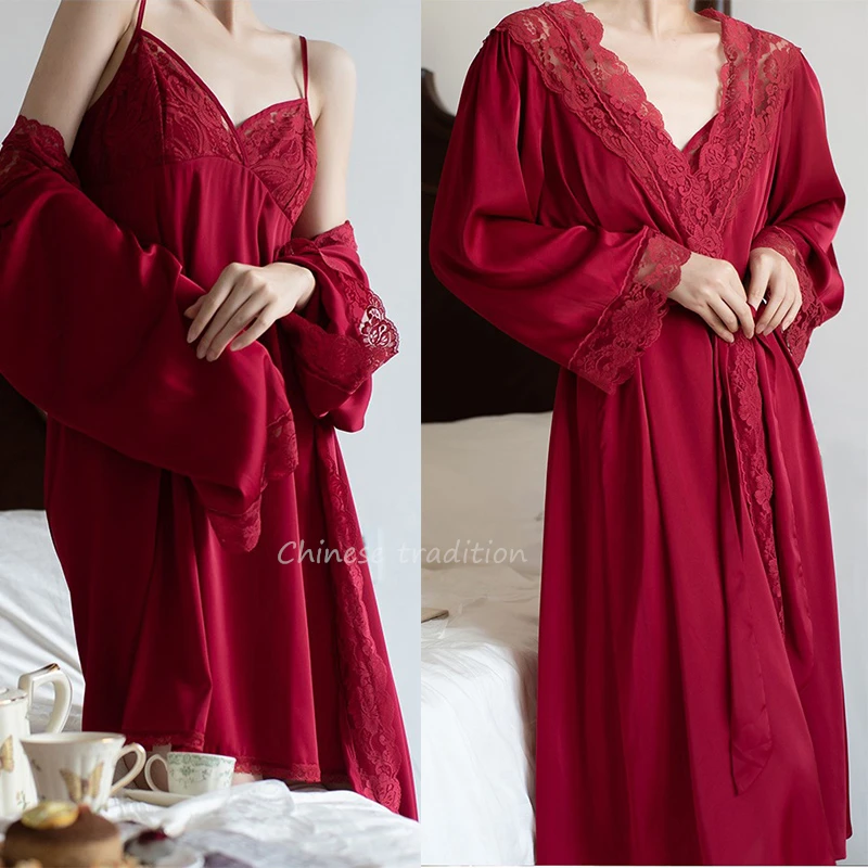 Sexy Kimono Robe Set Women 2Pcs Peignoir Chemise Nightdress Wedding French Nightgown Lingerie Elegant Lace Trim Sleepwear