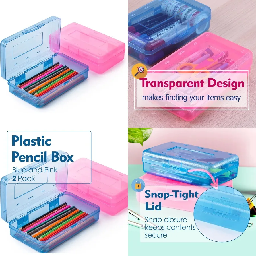 

2-упаковка различных цветов, пластиковый жесткий пенал для школьных принадлежностей, компактный ящик для хранения карандашей, идеально подходит для классного рюкзака и
