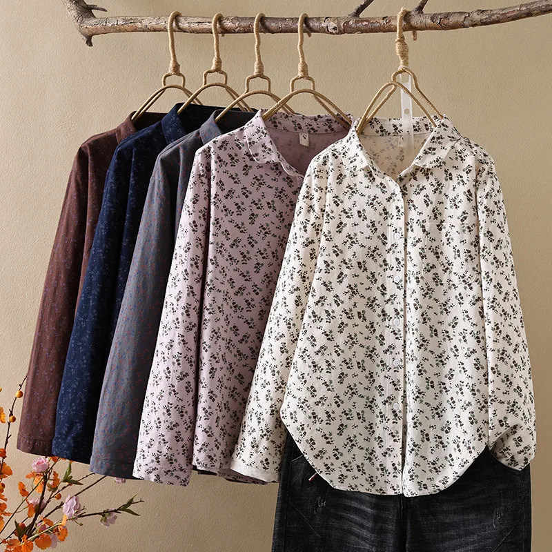 Plus size women's print shirts cotton brushed long sleeve blouses soft warm backing shirt Middle-aged women's clothing