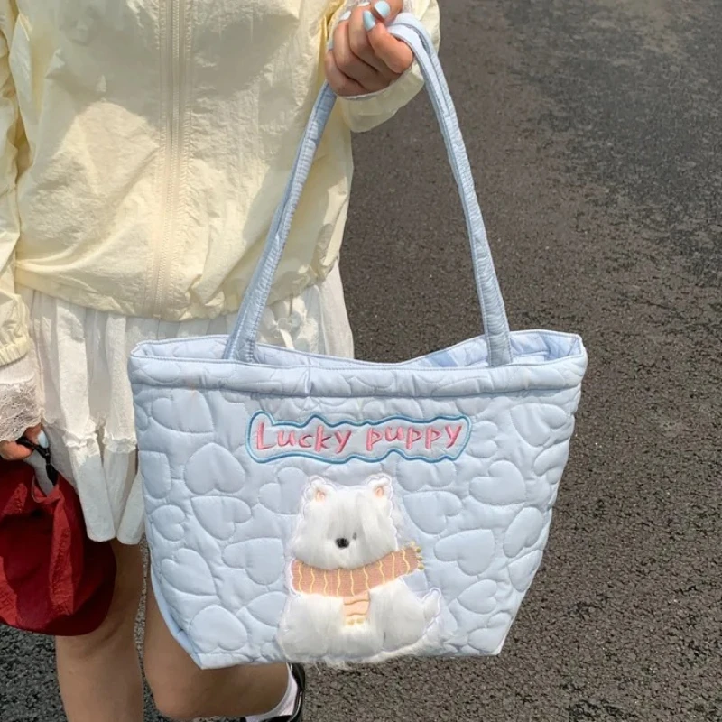 

Cute Cotton Embroidery Women's Shoulder Bags Casual Quilted Ladies Large Capacity Tote Shopper Bag Lovely Dog Purse Handbags