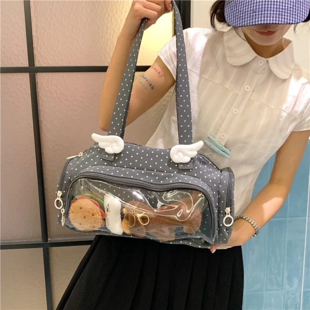 Sweet Polka Dot Shoulder Bag Angel Wing Ornament Large Capacity Anime Convention Ita Bag Clear Window Carry Bag