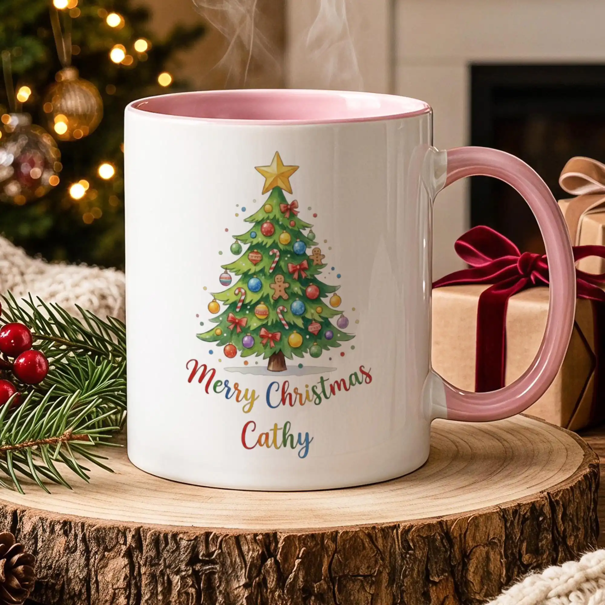 Personalized Christmas Tree Coffee Cup, Christmas Gift Mug for Mom, Holiday Present for Wife Sister Friend, Festive