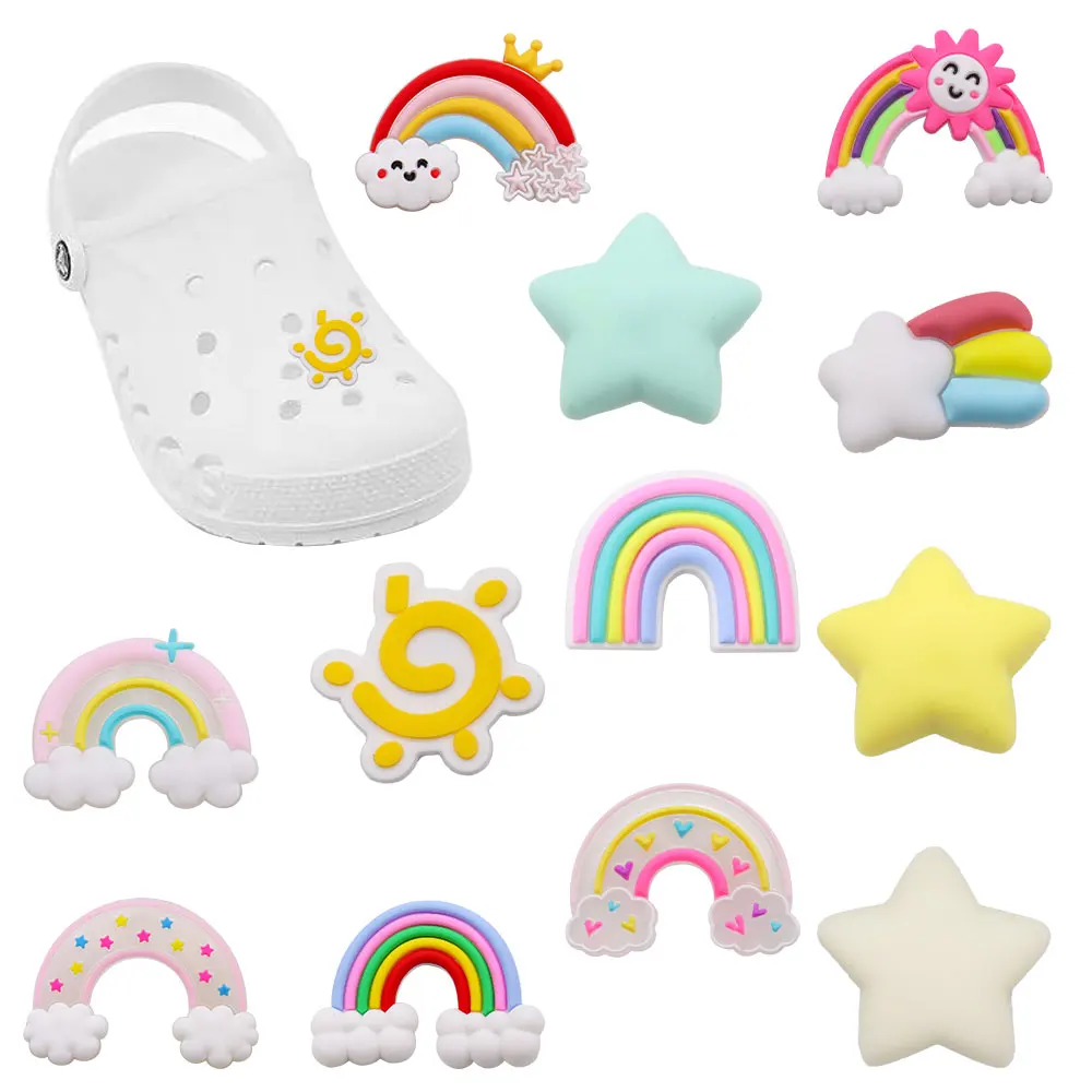 New Arrival 1-12pcs PVC Shoe Charms Cute Star Sun Rainbow Clouds Accessories Sandals Shoes Buckles Fit Kids Party Present