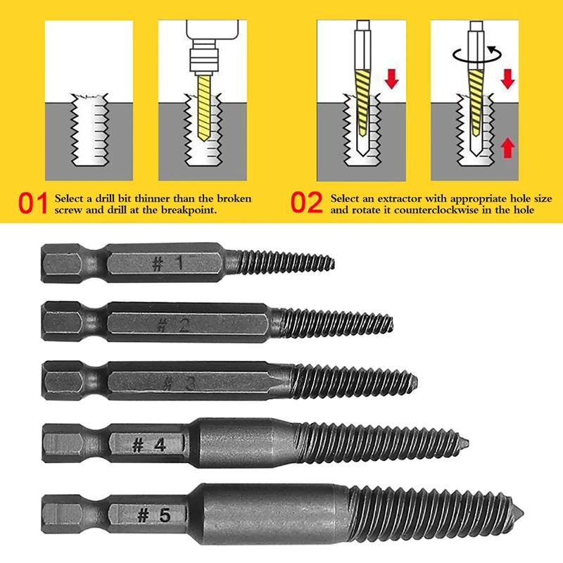 5PCS Screw Extractor Center Drill Bits Guide Set Broken Damaged Bolt Remover Hex Shank And For Broken Hand Tool