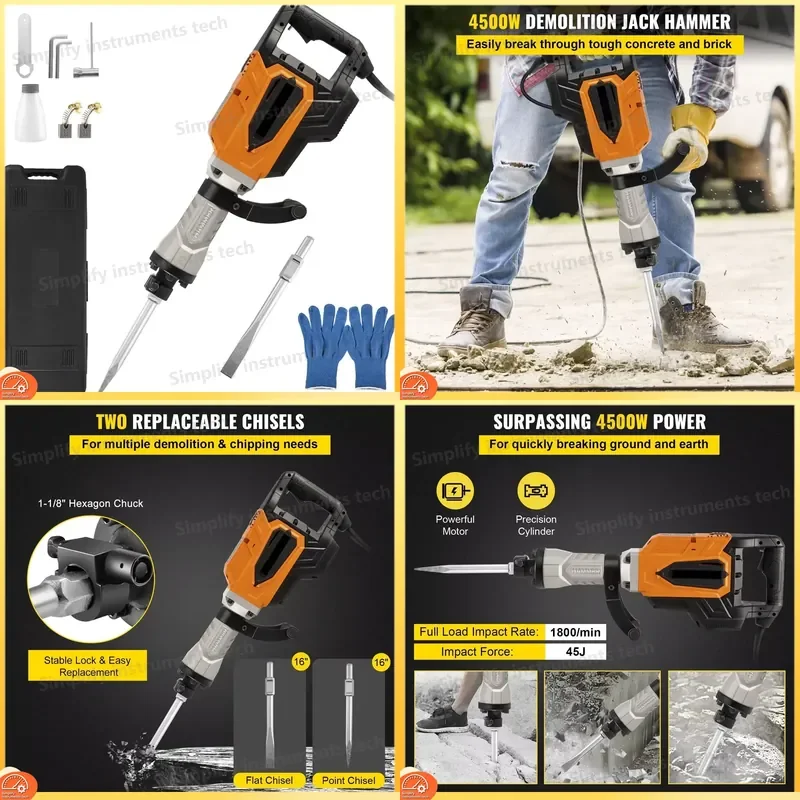 4500W Jack Hammer Demolition Tool Heavy Duty Concrete Breaker Chipping Hammer for Construction Demolition Power Tool