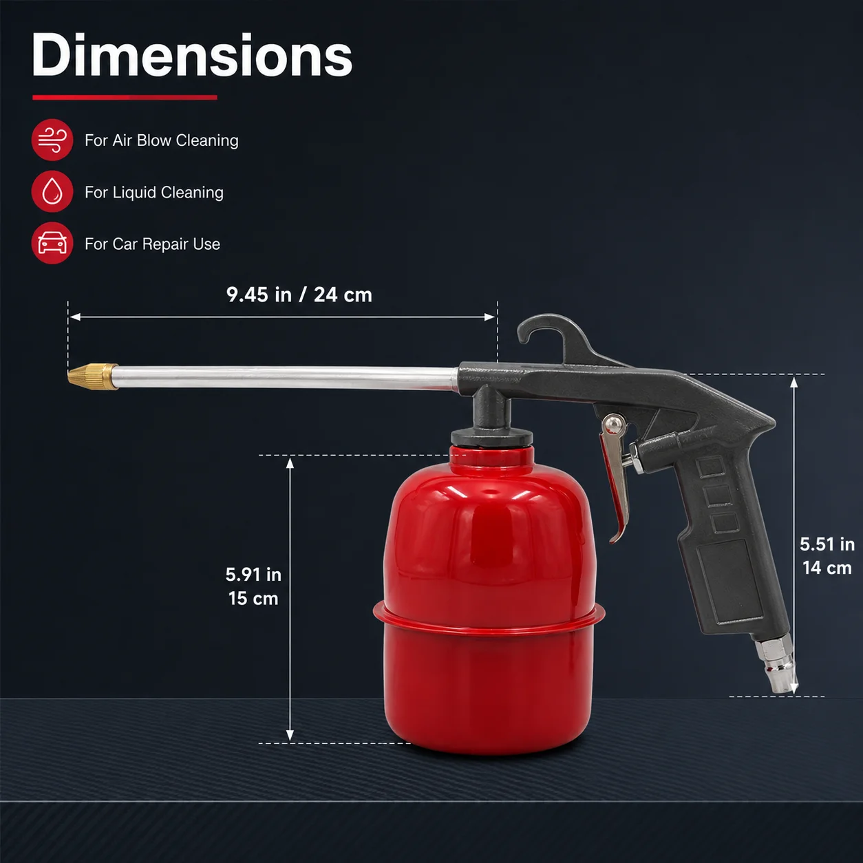 Pneumatic Car Engine Cleaning Gun 1Pc Zinc Alloy with Red Pot Long Nozzle Air Liquid Dual Use Tool for Oil Channel Dust Repair view 2
