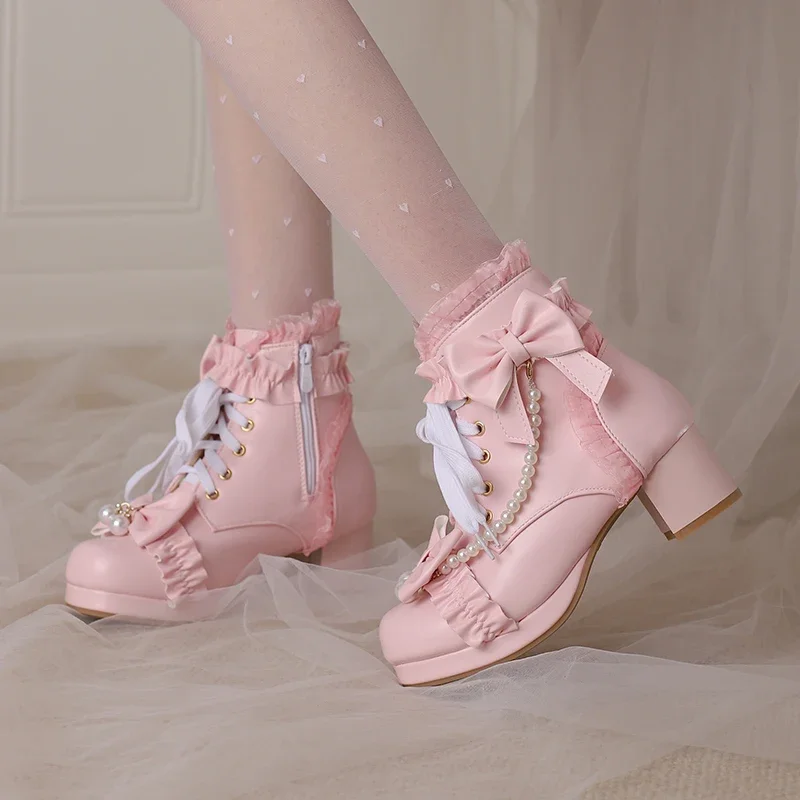 2024 Autumn Lovely Lolita Style String Bead Short Boots for Princess Bow Ruffles Party Pink White Girls Shoes 7 9 10 12 14 16 18