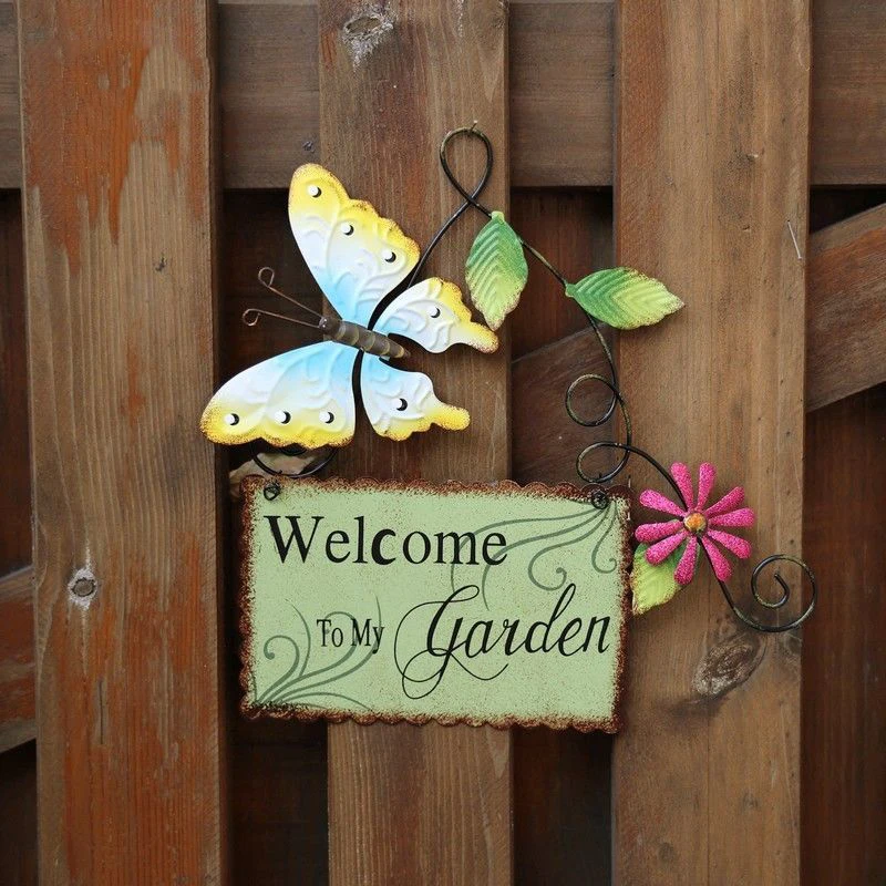 

American Wrought Iron Painted Butterfly Flower Welcome Card Pendant Crafts Courtyard Villa Furnishing Garden Balcony Decoration