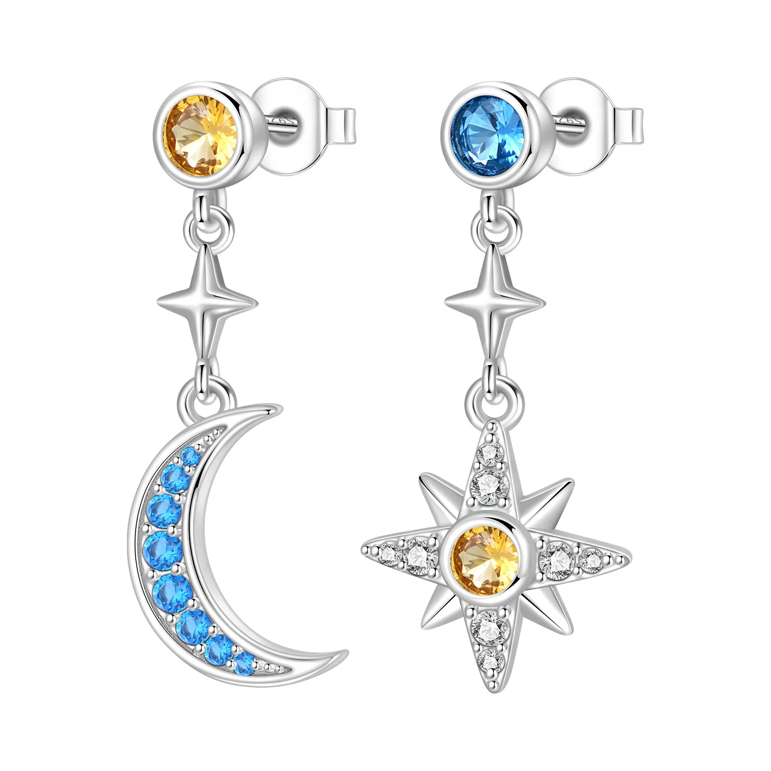 S925 Sterling Silver Sun Moon Star Tassel Earring Asymmetric Celestial Drop Earring with Colorful Zircon for Women Birthday Gift