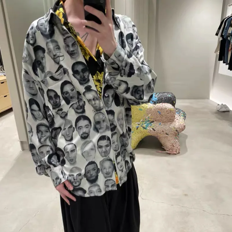 HKSH Spring Autumn New Men Tide Vintage Niche Portrait Print Long Sleeve Shirt Draped Loose Chic Casual Fit Oversized Top HK6440