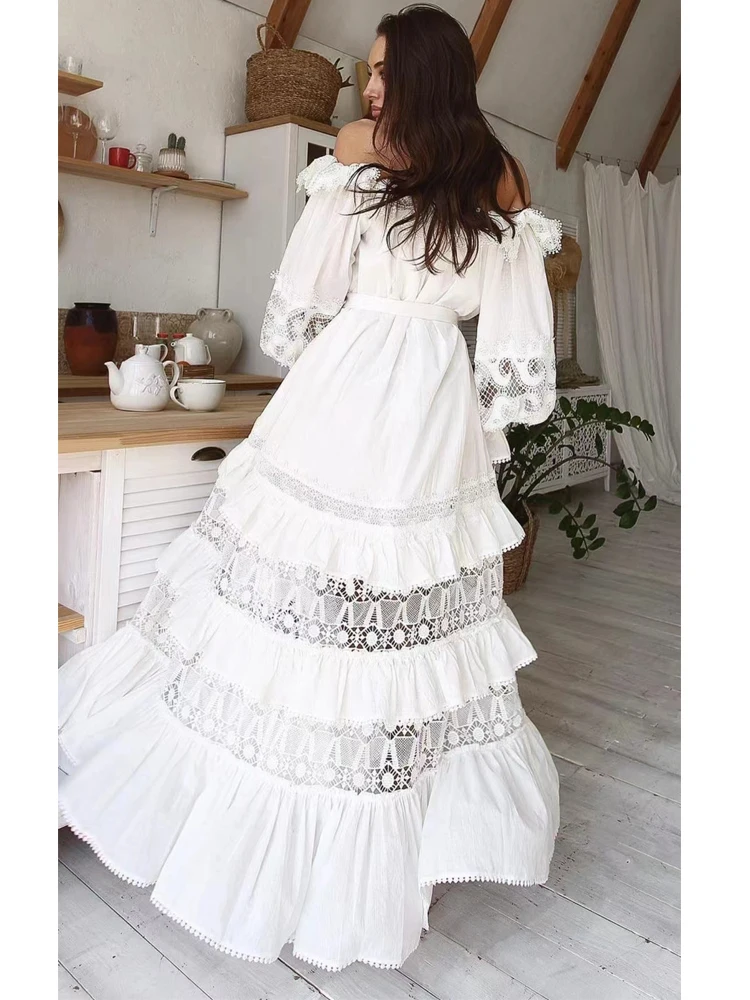 SEQINYY Elegant Long Dress Summer Spring New Fashion Design Women Runway High Street Vintage Lace Embroidery Casual Holiday