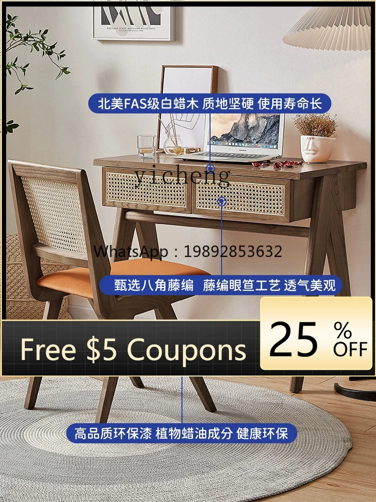 

TQH Solid Wood Rattan Vintage Desk Dresser Small Apartment Home Computer Desk