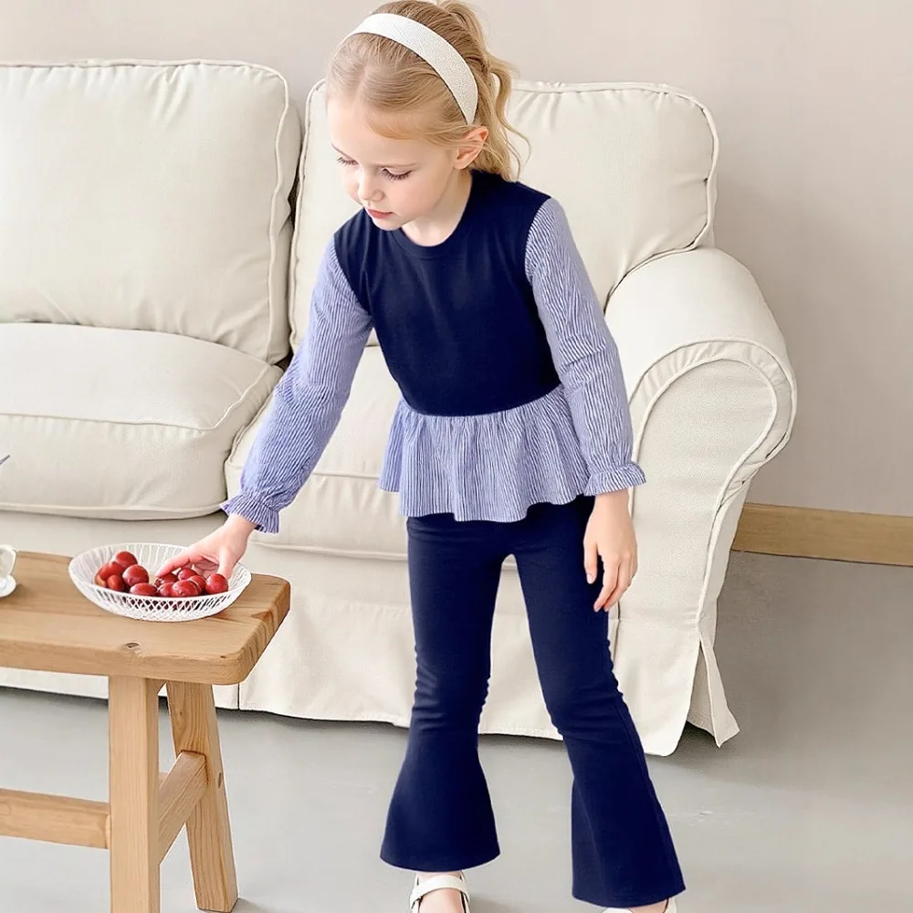 Girls Spring Autumn Outfit Layered Fake Two-Piece Long Sleeve Shirt + Slim Fit Flare Pants Two Piece Set for100-140cm