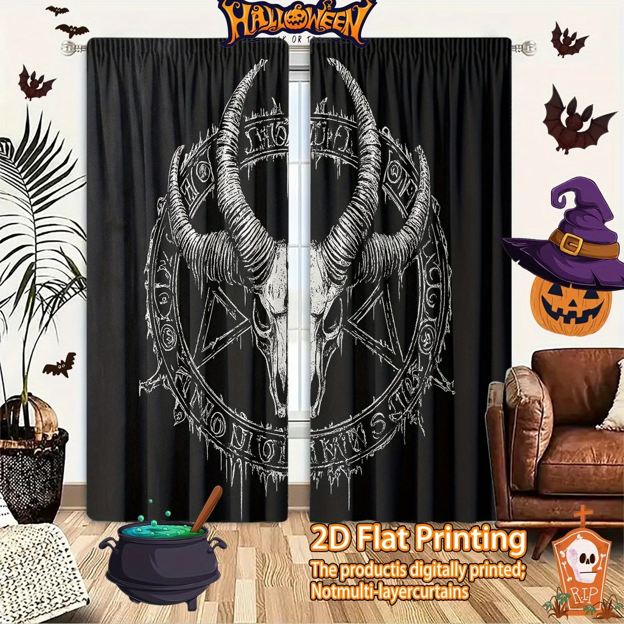 Halloween Spooky Gothic Curtain Panels Occult Skull Print Window Drapes Black Backdrop Digital Print Party Decor