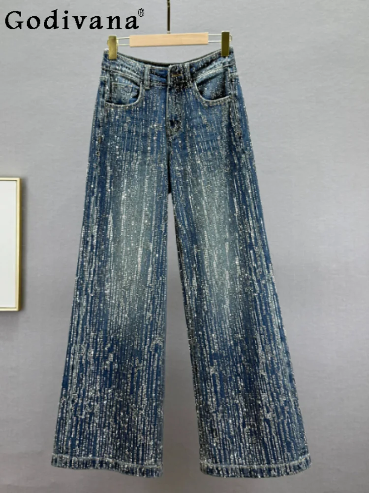 

Fashion Versatile Heavy Industry Hot Diamond Denim Wide-leg Pants Women Spring 2026 New High Waiste Loose European Trousers