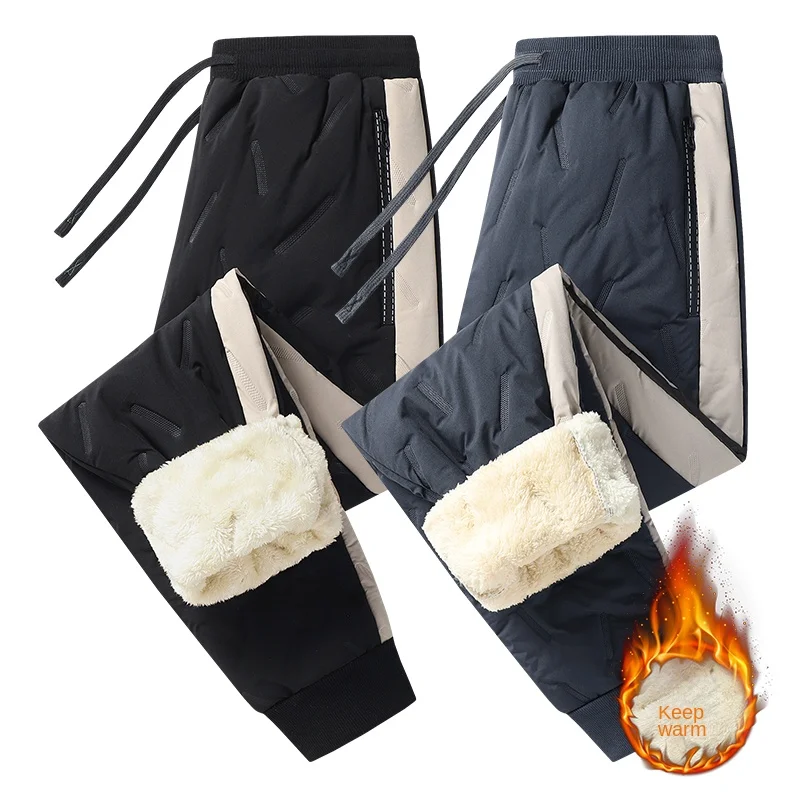 Herren-Fleece-gefütterte Winter-Thermohose für den Herbst, winddichte Outdoor-Jogginghose mit Patchwork-Design, elastischem Kordelzug, verdicktem Stoff und warmem Innenfutter.