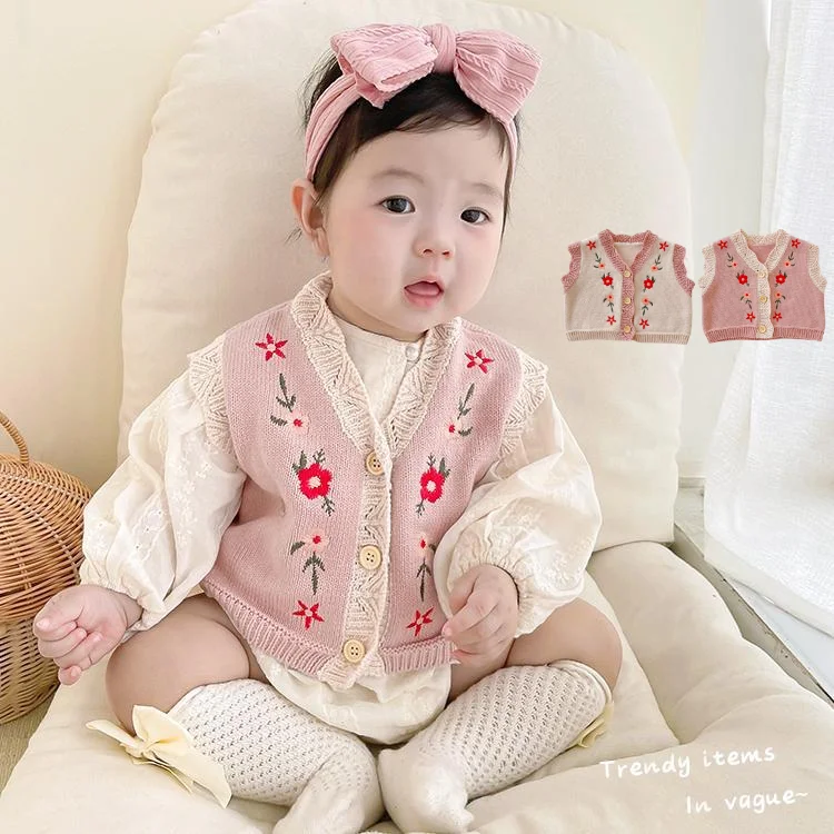 2022 autumn baby girl all-match baby 0-2 years old cardigan cotton yarn knitted sweater embroidered V-neck sweater vest coat