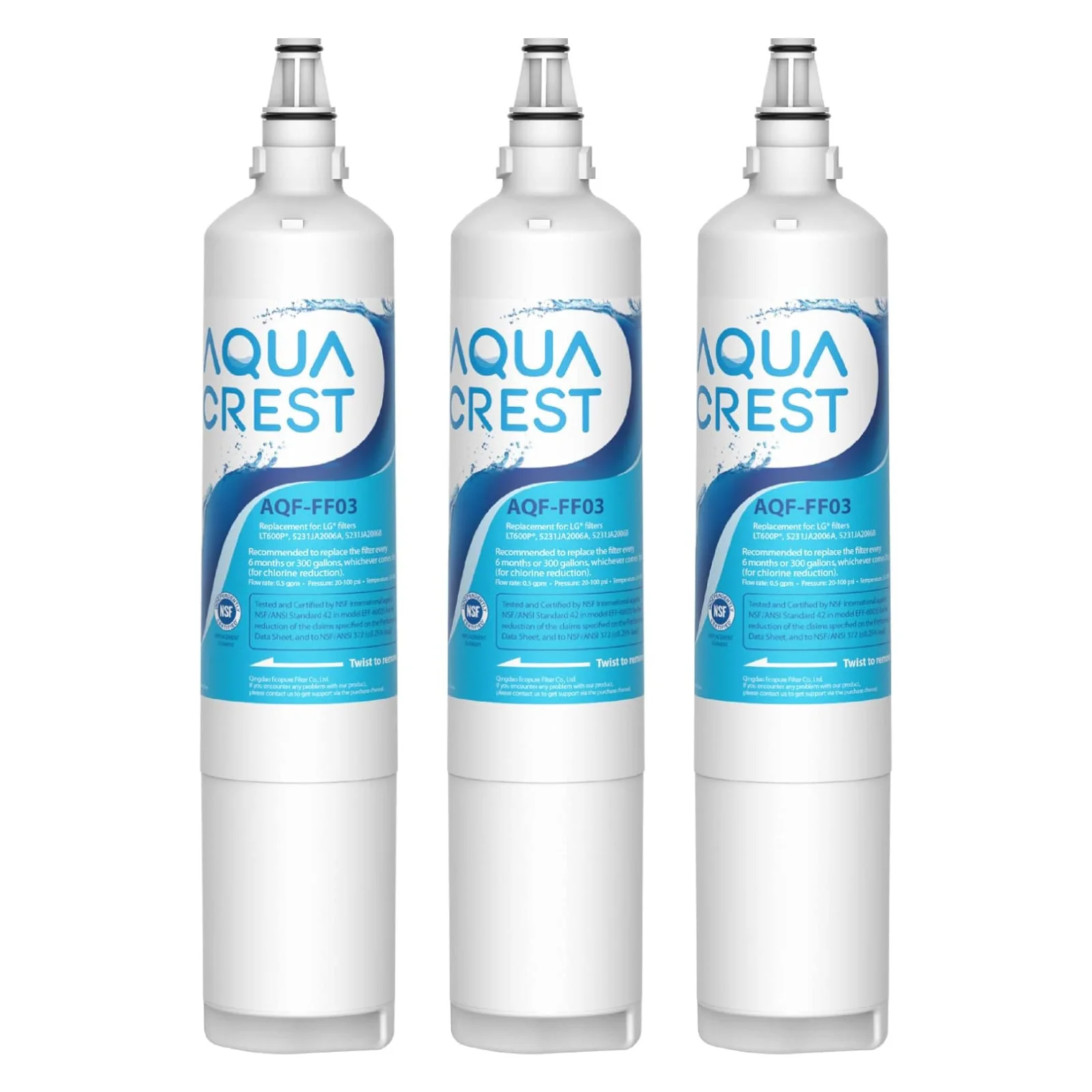 AQUA CREST AQF-FF03 Refrigerator Water Filter Replacement for LG® LT600P®, KENMORE® 9990, 5231JA2006A, KENMORECLEAR 46-9990 (3)