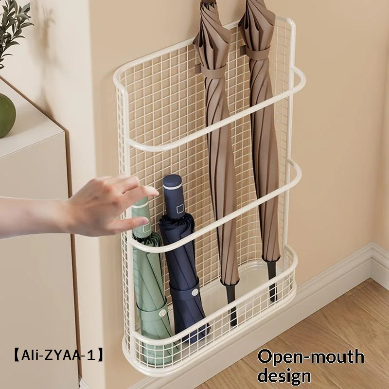 【A】Wall Mounted Umbrella Holder Metal Mesh Storage Rack With Drip Tray For Entryway Organization