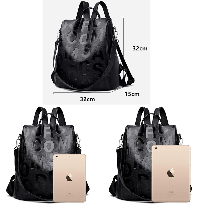 Fashion Letter Women\'s Anti Theft Backpack High Quality PU Leather Female Shoulder Bags Waterproof School Bag For Girl Mochila