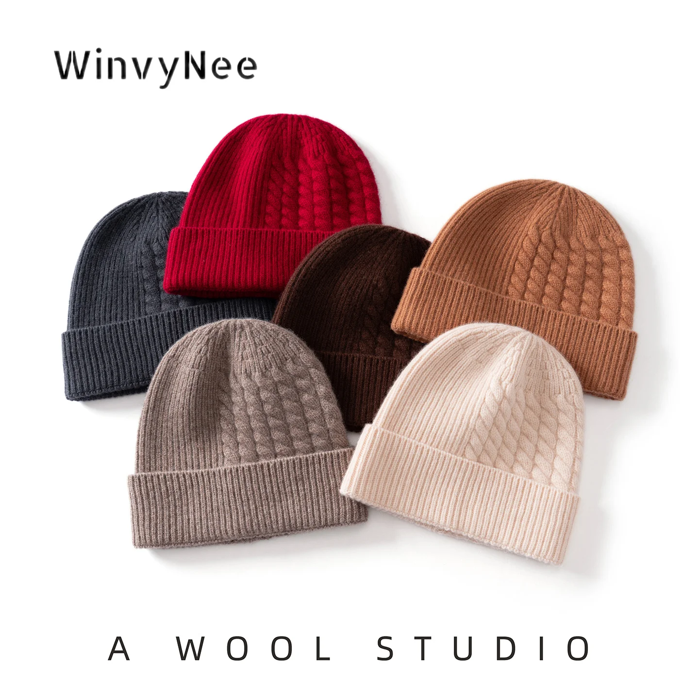 WinvyNee Women Pure Wool Knit Thick Rib Cable Knit Cuffed Hat Trendy Warm Fine Texture Versatile For Spring Autumn ZI1883039