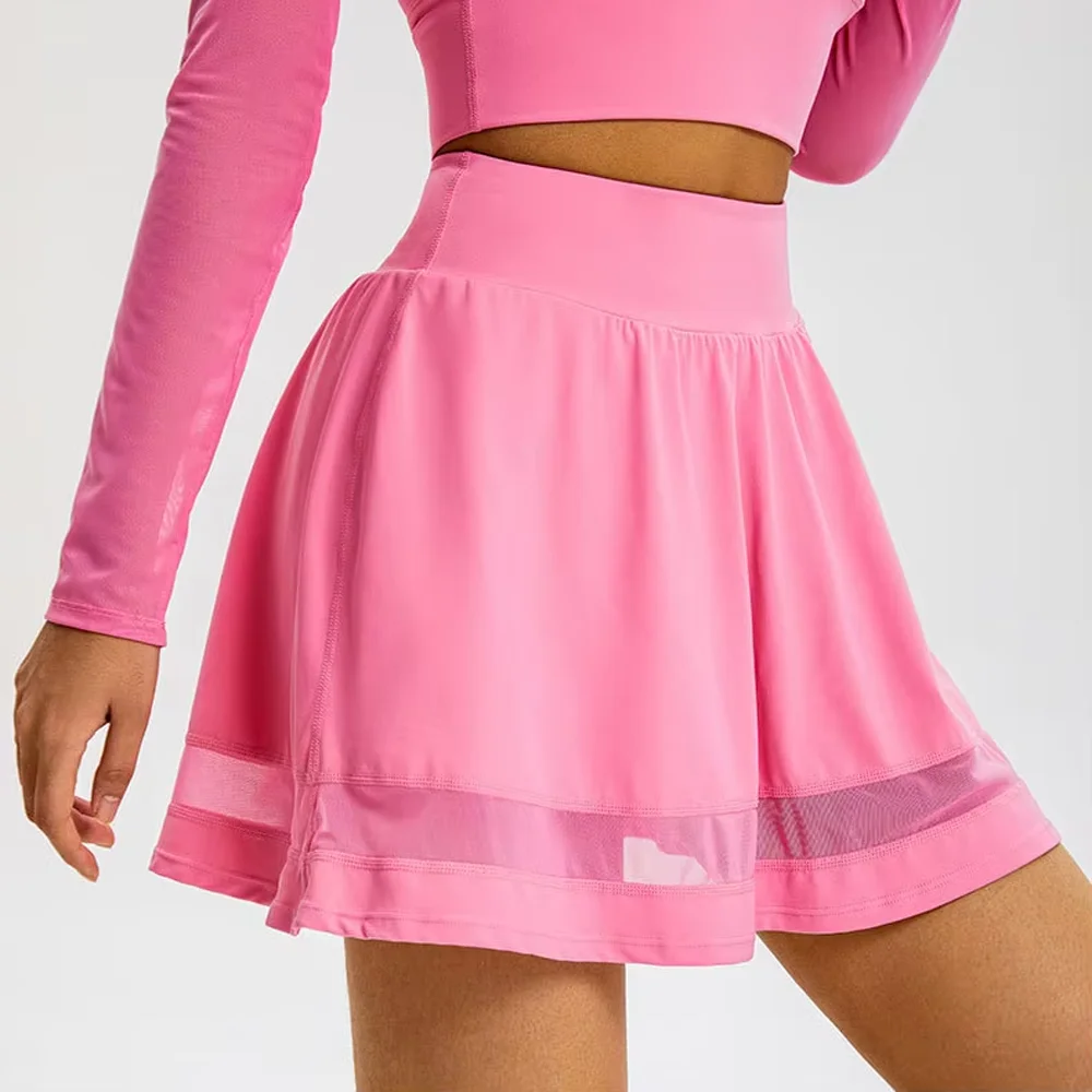 

Wom-High Waist Two-Layer Golf Skirt, Sporty Tennis Wear for Yoga, Running, Customizable Polyester Dress, Built-In Shorts