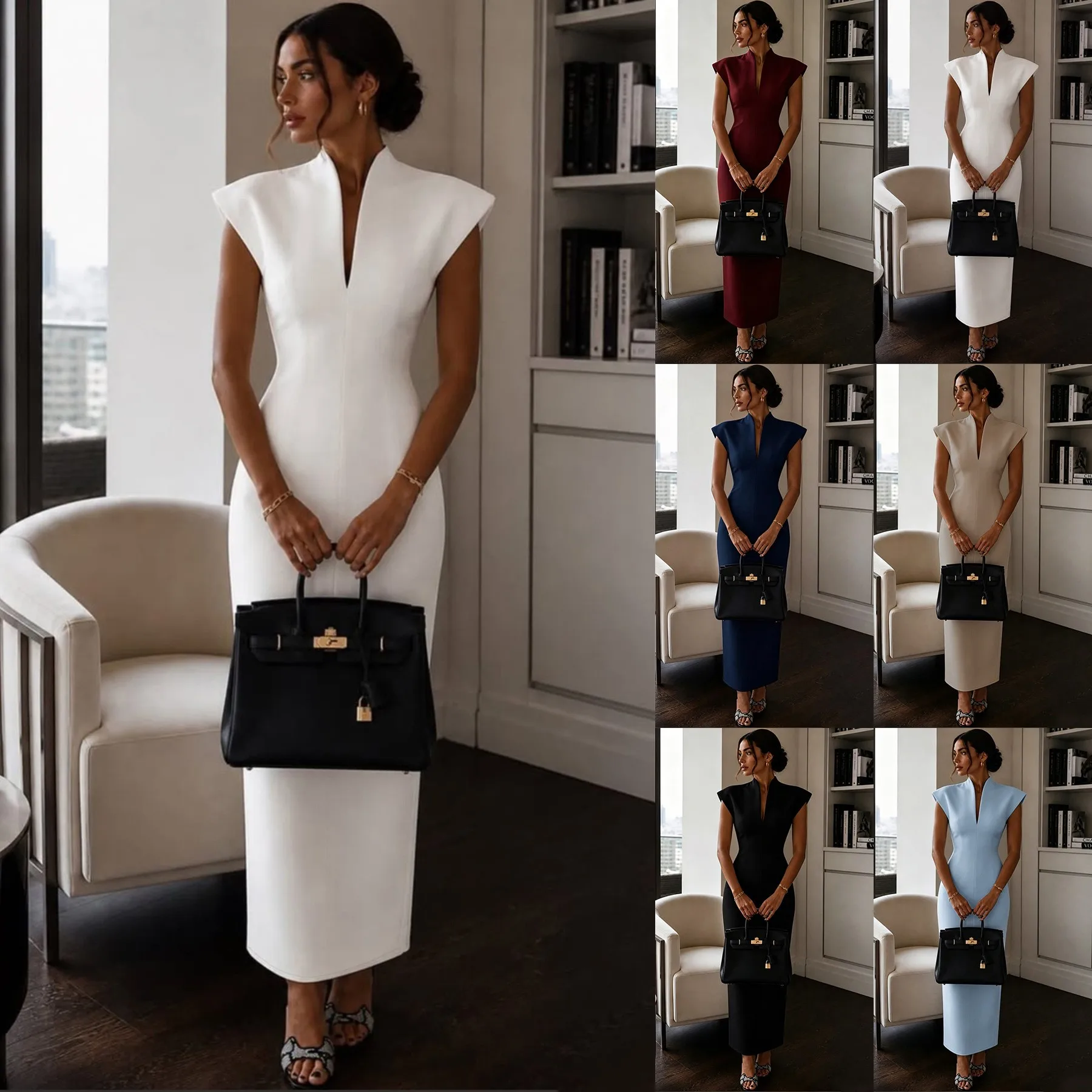 V Neck Sleeveless Gown Slim Fit Elegant with Zipper Closure High Waist Bodycon Midi Length Commuter Chic Dress Summer for Women