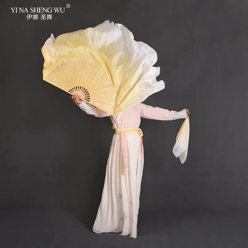 中国民俗グリーングラデーションカラーシルクファン、ダンスパフォーマンス用、竹骨ロングハンドベリーファン、ベール付きステージショー小道具